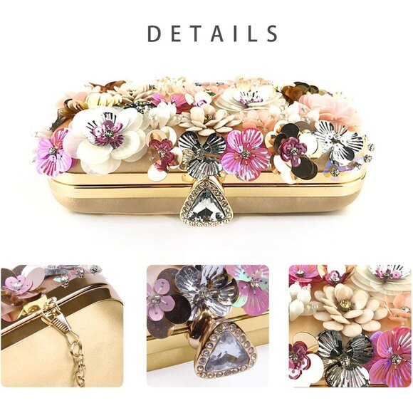Women's Lanpet Wristlet Flower Clutches Evening Shoulder Chain Strap Gold Bag - Picture 5 of 6